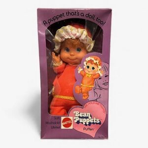 Vintage 1973 Mattel Bean Puppets Puffen Hold Me Leggings Doll Puppet 8699 Box